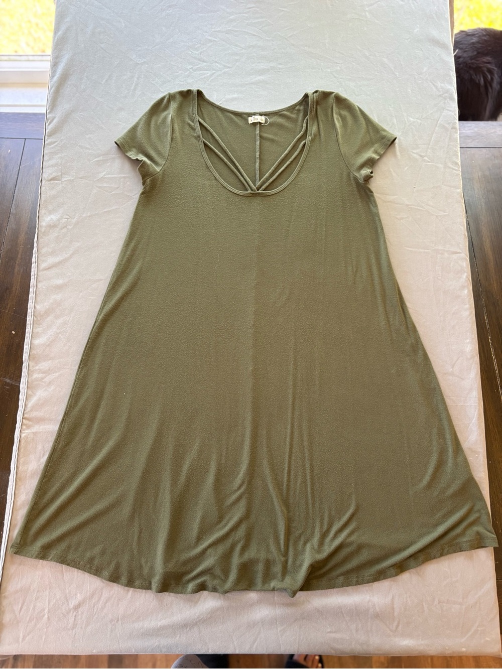 Hollister Olive Green Short Sleeve Swing Midi Dress with Strappy V-Neck